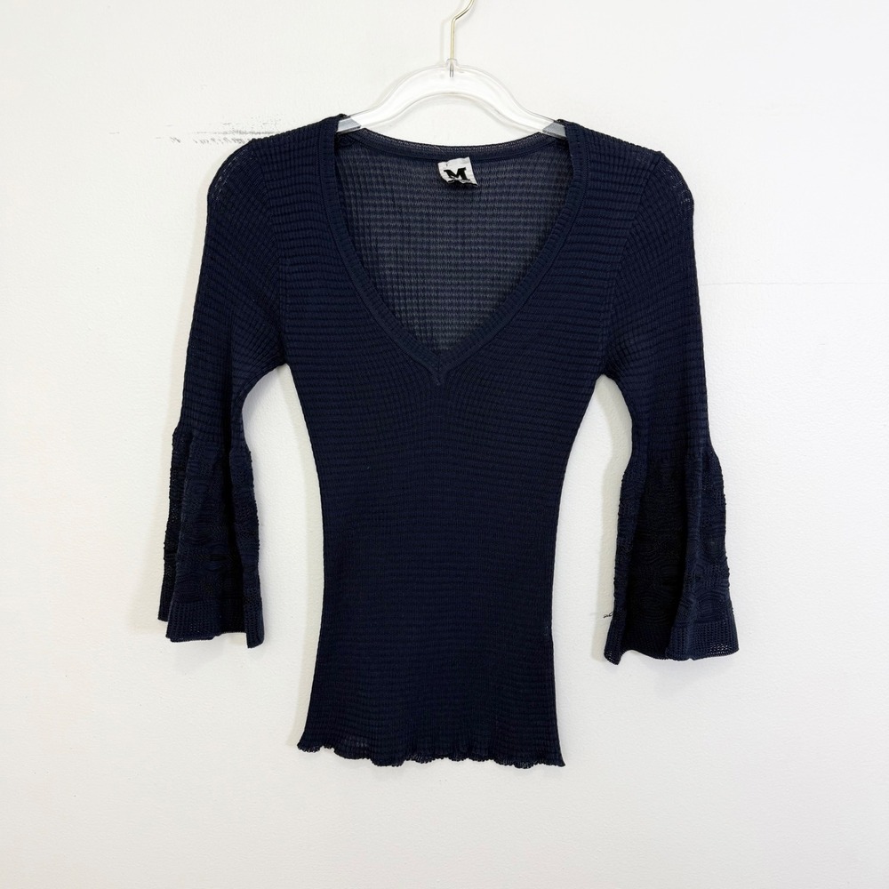 M Missoni Navy Ribbed Knit V Neck Bell Sleeve Top XS/S